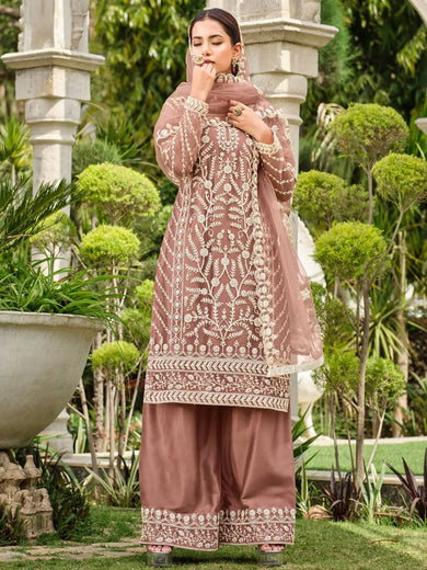 Astonishing Brown Embroidered Net Festival Wear Palazzo Suit